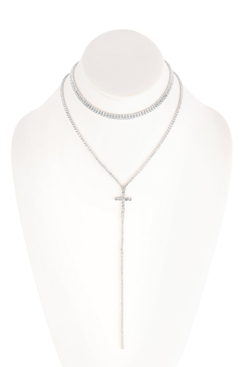 Cross 2 Layered Rhinestone Necklace Crystal Silver - Pack of 6