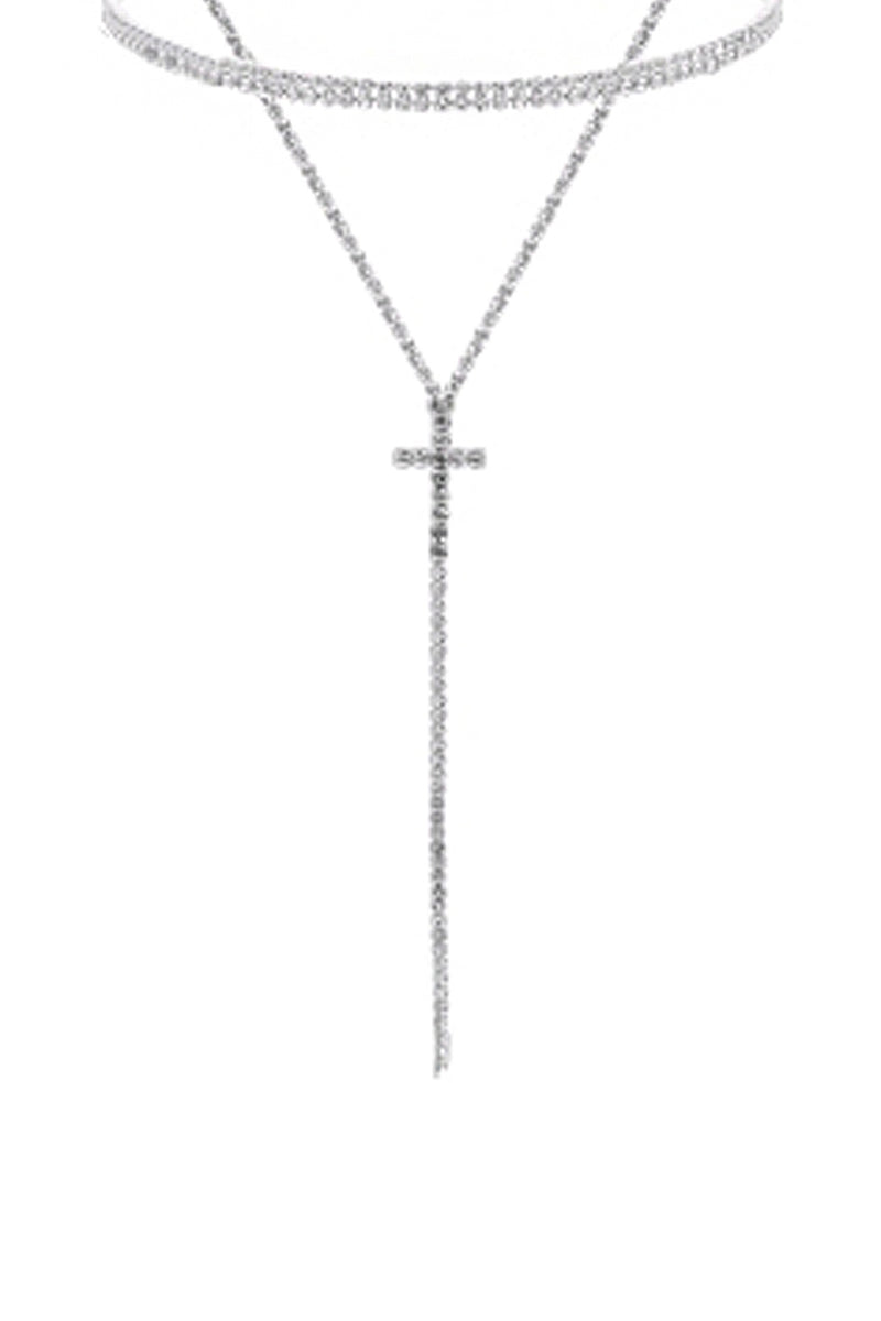 Cross 2 Layered Rhinestone Necklace Crystal Silver - Pack of 6