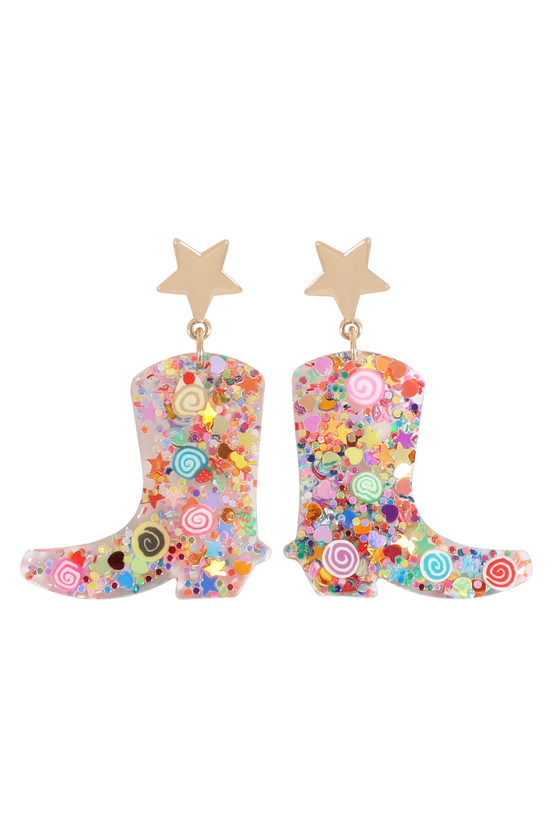 Cowboy Boot Resin Glitter Candy Stud Earring Light Multicolor - Pack of 6