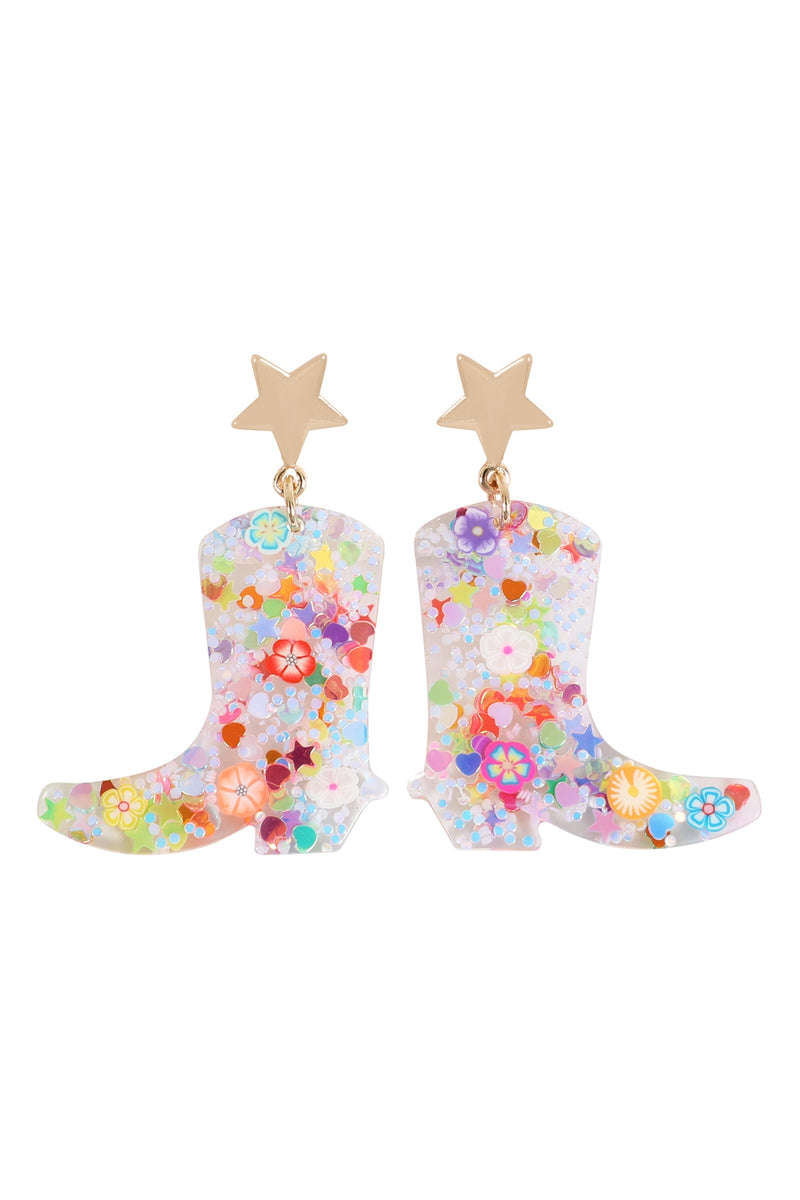 Cowboy Boot Resin Glitter Candy Stud Earring White Multicolor - Pack of 6