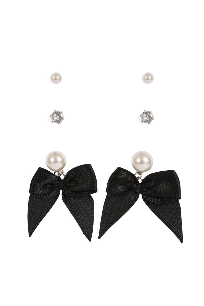 3 Pair Pearl Bow Earring Set Black Silver - Pack of 6