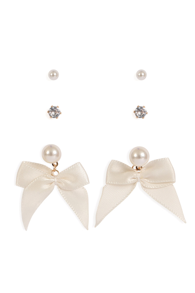 3 Pair Pearl Bow Earring Set White Gold - Pack of 6