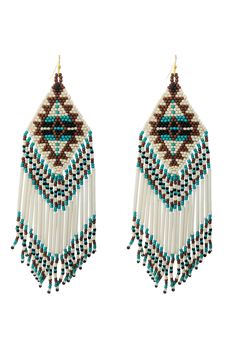 Western Aztec Boho Geometric Shape Fringe Seed Bead Earrings Ivory Multi - Pack of 6