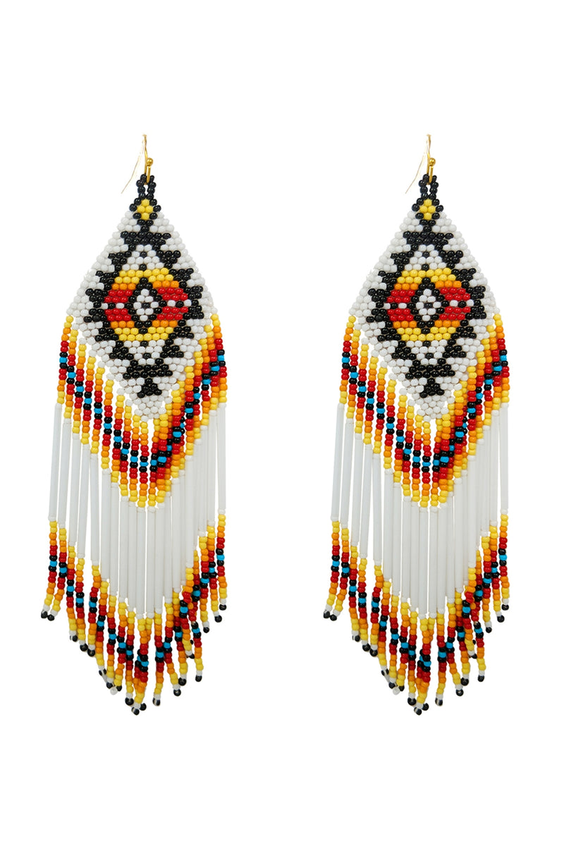 Western Aztec Boho Geometric Shape Fringe Seed Bead Earrings White Multi - Pack of 6