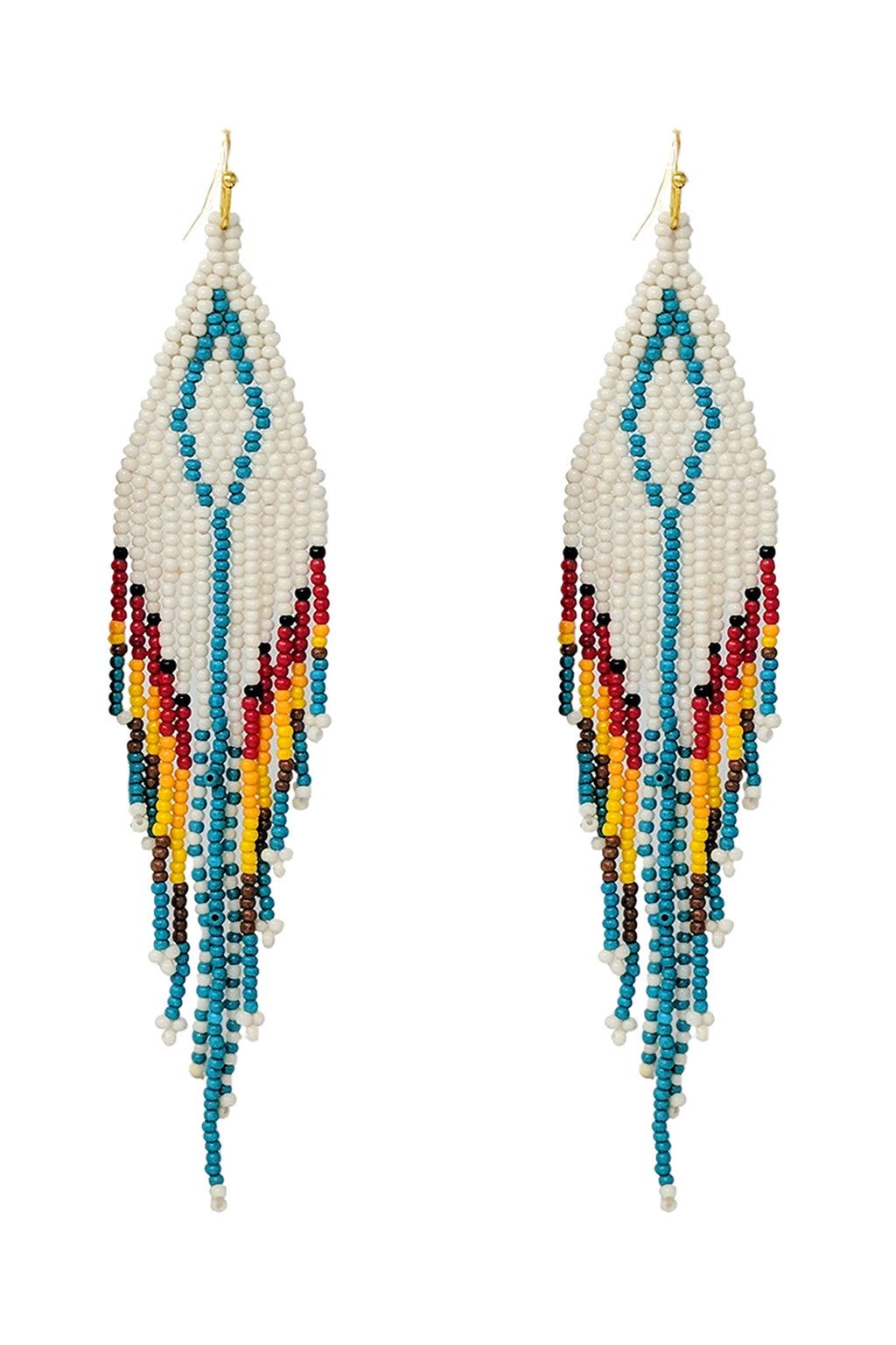 Western Aztec Boho Diamond Shape Fringe Seed Bead Earrings Ivory Multi - Pack of 6