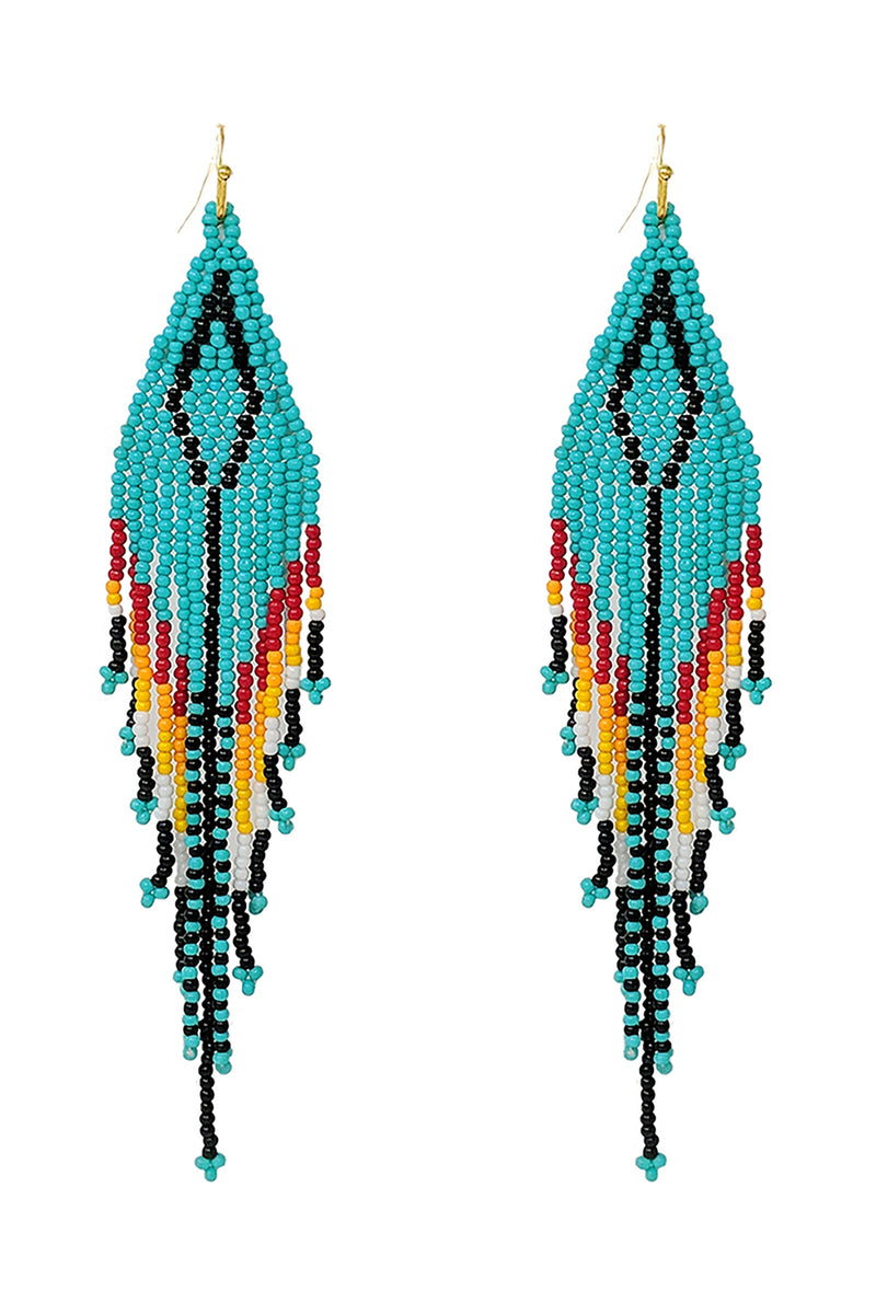 Western Aztec Boho Diamond Shape Fringe Seed Bead Earrings Turquoise Multi - Pack of 6