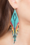 Western Aztec Boho Diamond Shape Fringe Seed Bead Earrings Turquoise Multi - Pack of 6