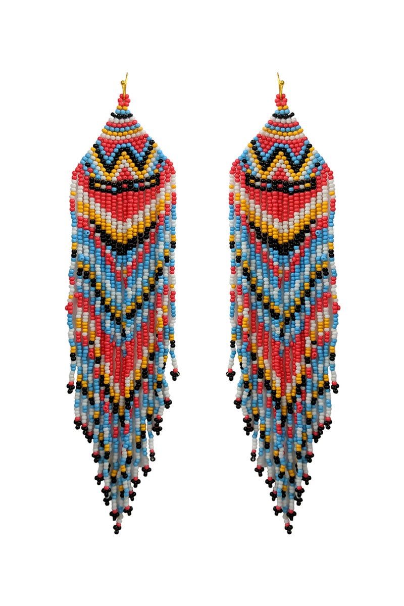 Western Style Aztec Seed Bead Fringe Drop Earrings Multicolor 1- Pack of 6