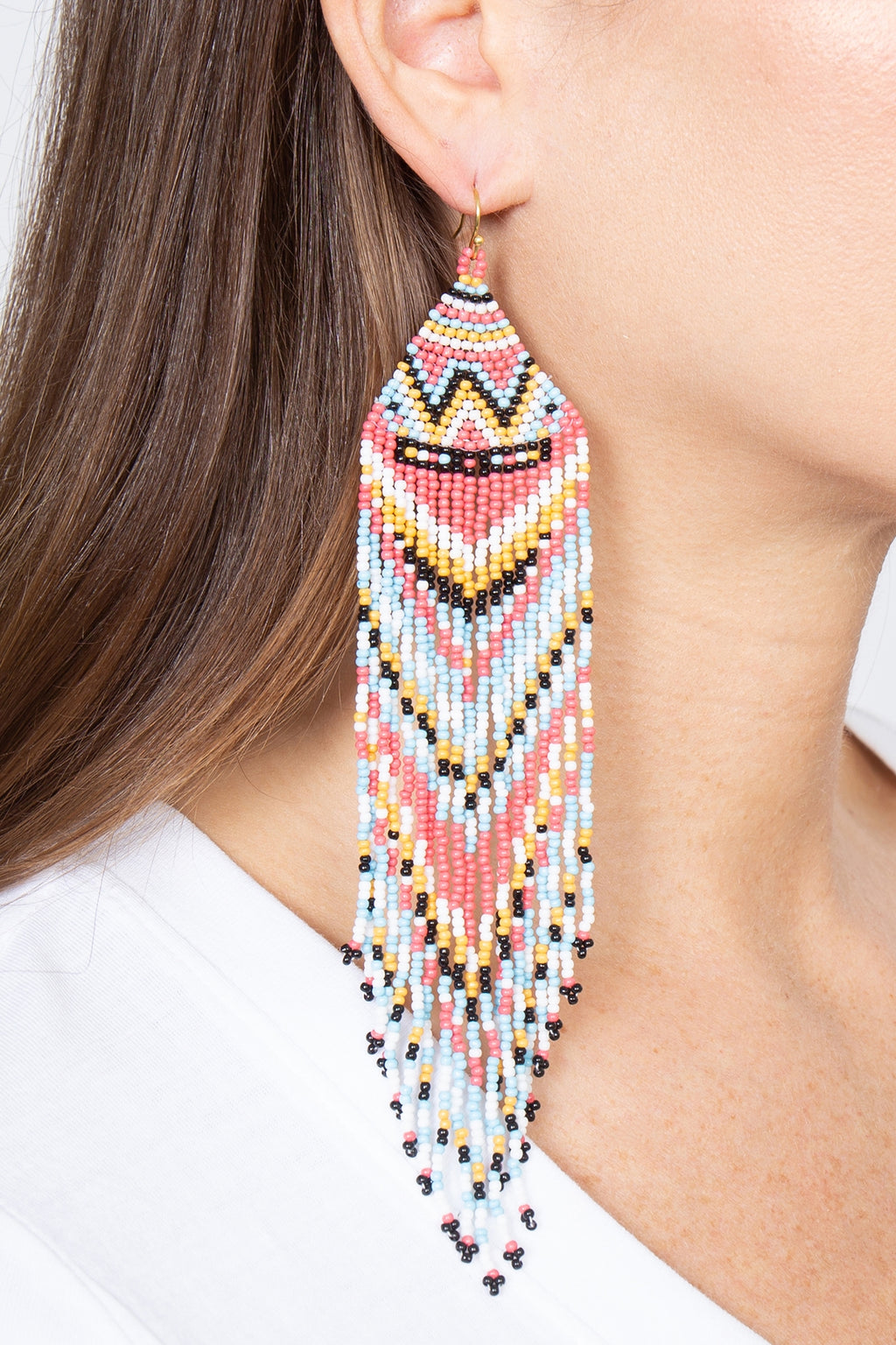 Western Style Aztec Seed Bead Fringe Drop Earrings Multicolor 1- Pack of 6