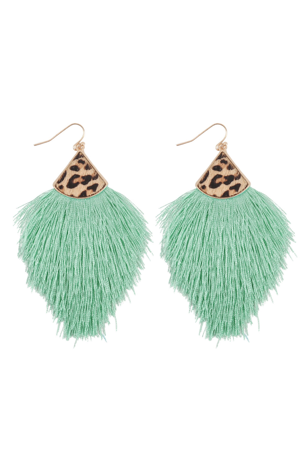 Mint Leopard Real Leather Tassel Hook Earrings - Pack of 6