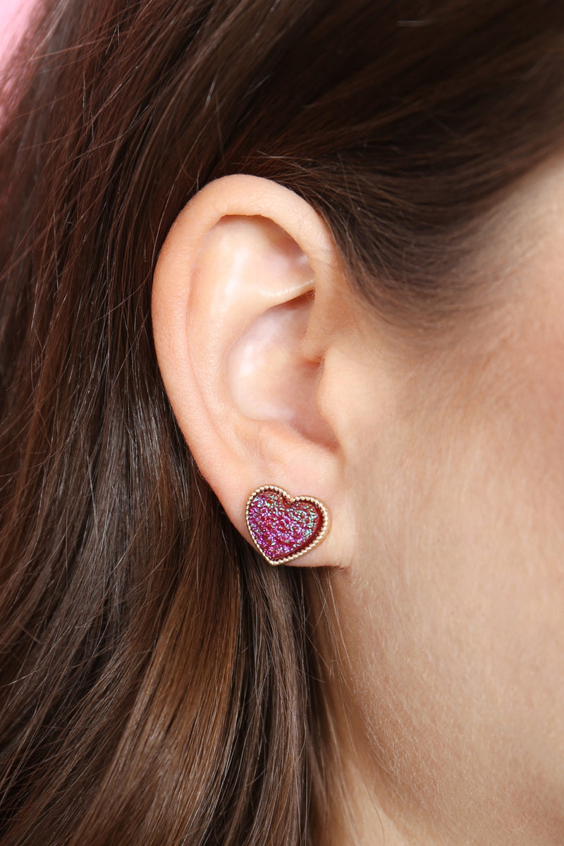 Heart Shape Faux Druzy Post Earrings Burgundy - Pack of 6