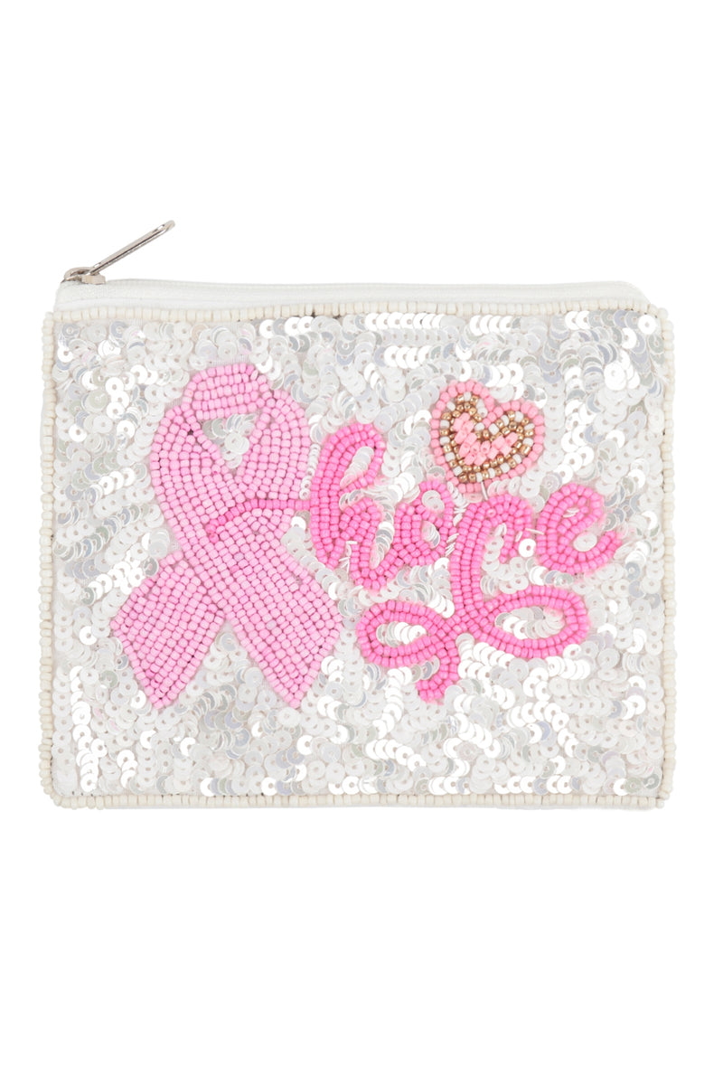 Hope Pink Ribbon Awareness Sequin and Seed Beads Coin Pouch White - Pack of 6