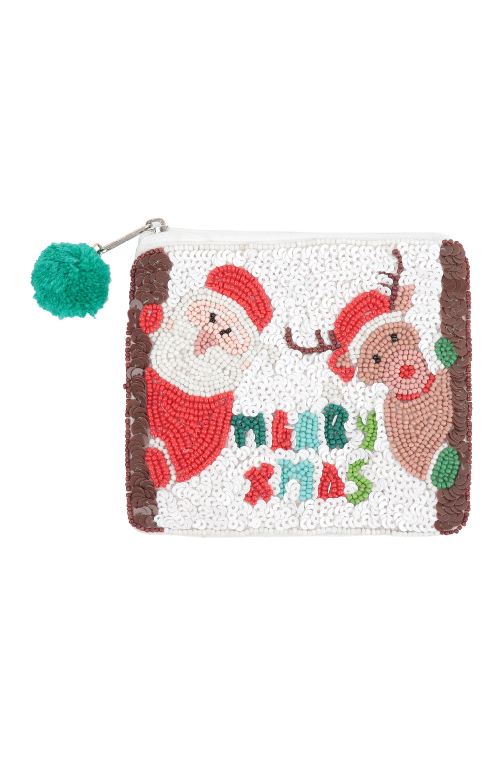 Merry Christmas Santa, Reindeer Sequin and Seed Beads Coin Pouch White - Pack of 6