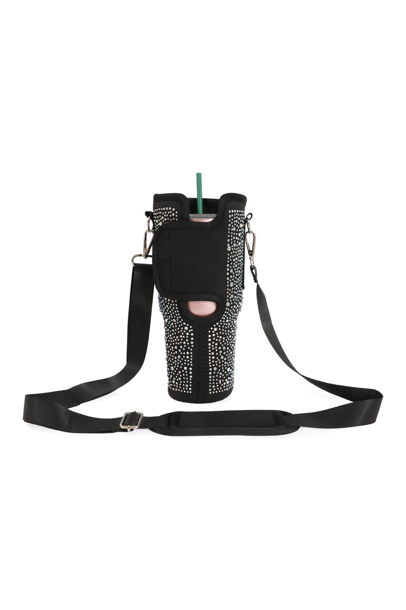 Water Bottle Carrier with Glitter Rhinestones Adjustable Strap Black - Pack of 6