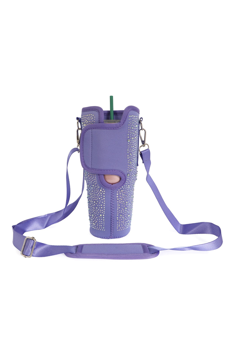 Water Bottle Carrier with Glitter Rhinestones Adjustable Strap Lavender - Pack of 6