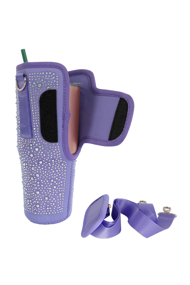 Water Bottle Carrier with Glitter Rhinestones Adjustable Strap Lavender - Pack of 6