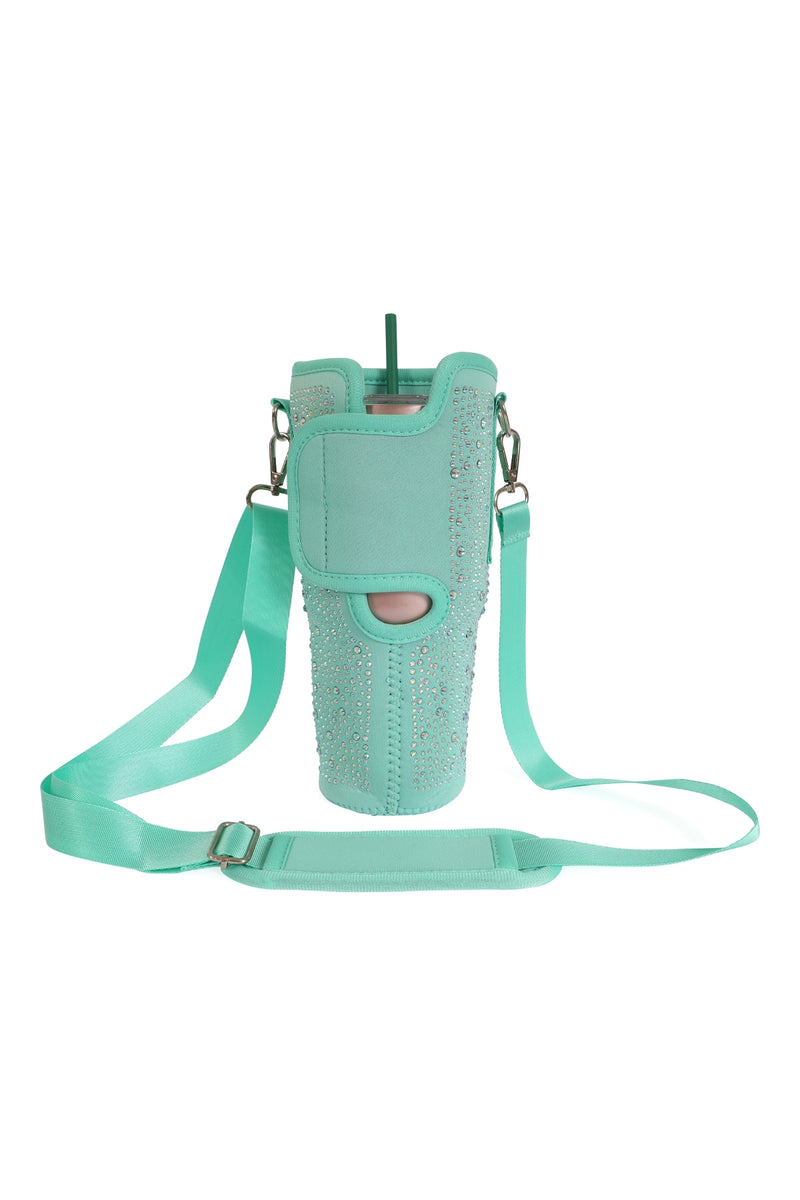 Water Bottle Carrier with Glitter Rhinestones Adjustable Strap Mint - Pack of 6