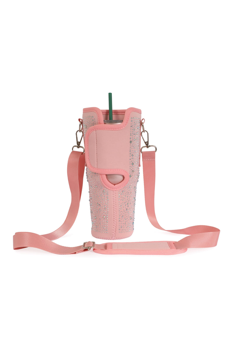 Water Bottle Carrier with Glitter Rhinestones Adjustable Strap Pink - Pack of 6