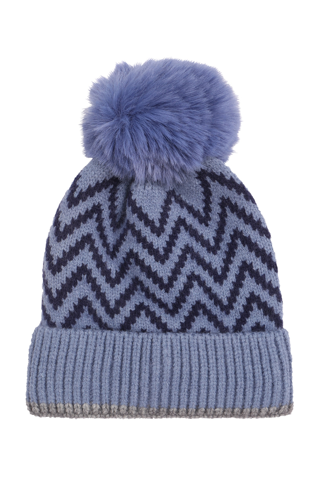 Knitted Chevron Print Pompom Beanie Blue - Pack of 6