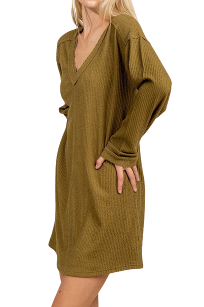 Olive V-Neck Long Sleeve Rib Mini Dress - Pack of 6