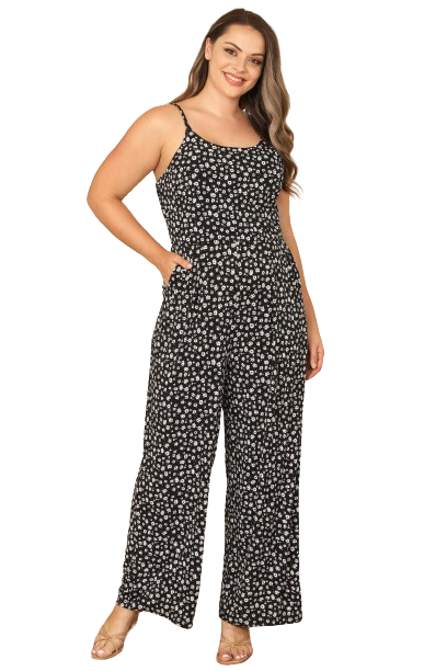 Black Ivory Plus Size Spaghetti Strap Side Pocket Floral Jumpsuit - Pack of 6