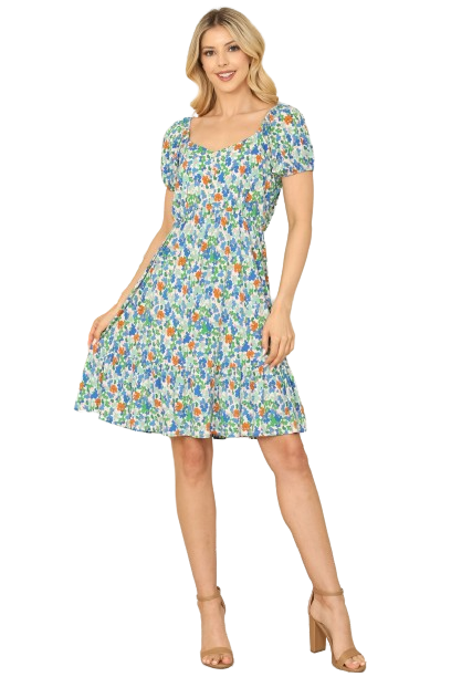 Ivory Blue Disty Floral Short Puff Sleeve Cinch Waist Dress -  Pack of 6