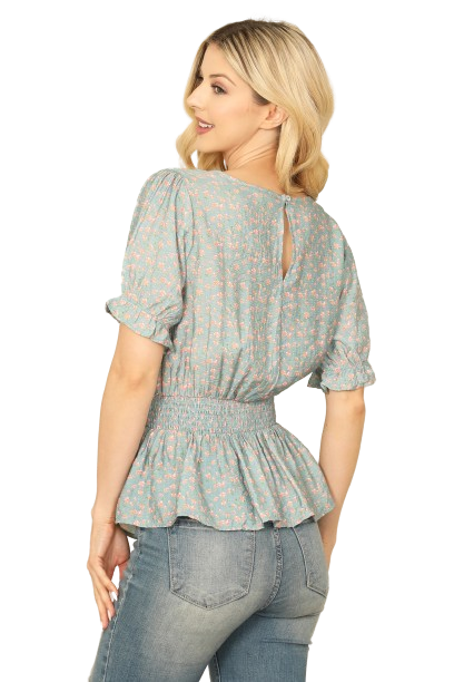 Light Blue Ruffle Half Sleeve Smocked Waist Floral Top - Pack of 6