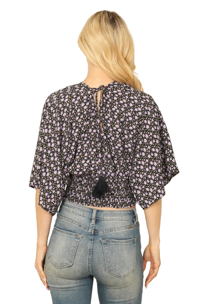 Blueberry V Neck Dolman Sleeve Smocked Waist Floral Crop Top - Pack of 6