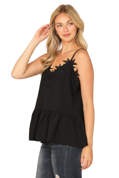 Black Spaghetti Strap Pleated Waist Floral Lace Patch Top  - Pack of 6