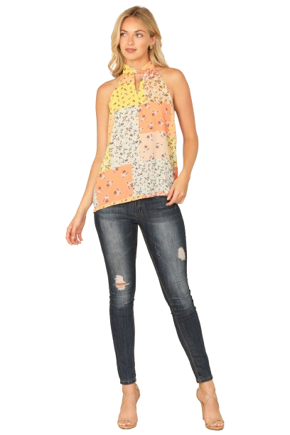 Peach Multi Keyhole Halter Neck with Tie Color Block Floral Top  - Pack of 6