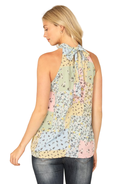 Blue Multi Keyhole Halter Neck with Tie Color Block Floral Top  - Pack of 6