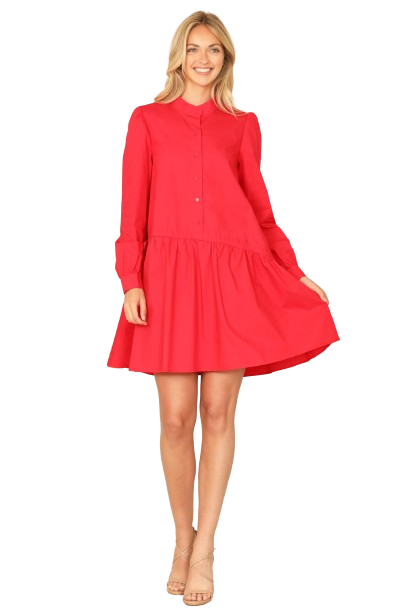 Red Mandarin Collar Long Sleeve Solid Dress -  Pack of 6