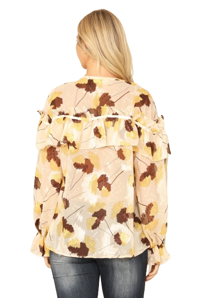 Cream Brown Ruffle Detail Long Sleeve Printed Top - Pack of 6