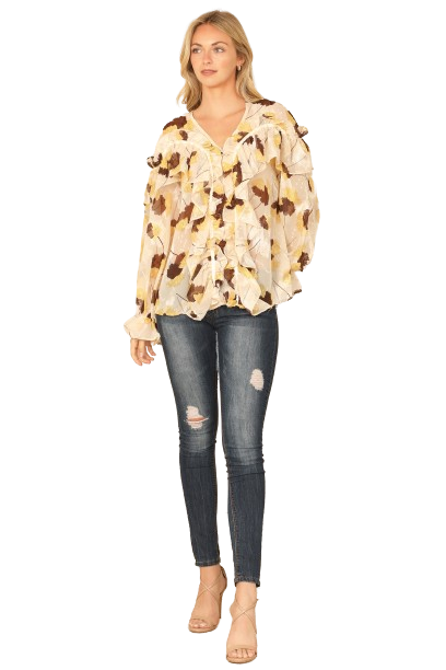 Cream Brown Ruffle Detail Long Sleeve Printed Top - Pack of 6