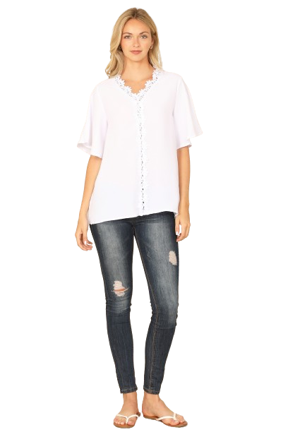 White Dolman Sleeve Lace Front Detail Solid Top - Pack of 6