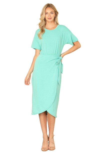 Mint Round Neck Short Sleeve Waist Tie Wrap Hem Solid Dress -  Pack of 6