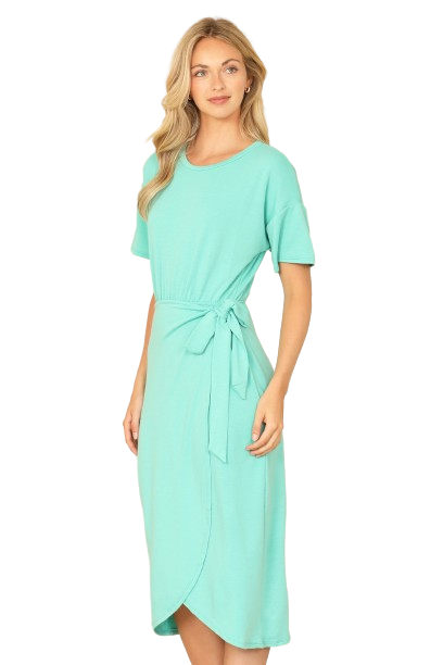 Mint Round Neck Short Sleeve Waist Tie Wrap Hem Solid Dress -  Pack of 6