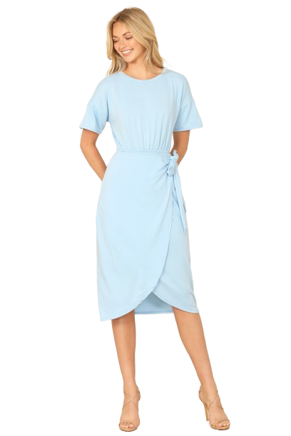 Blue Round Neck Short Sleeve Waist Tie Wrap Hem Solid Dress -  Pack of 6