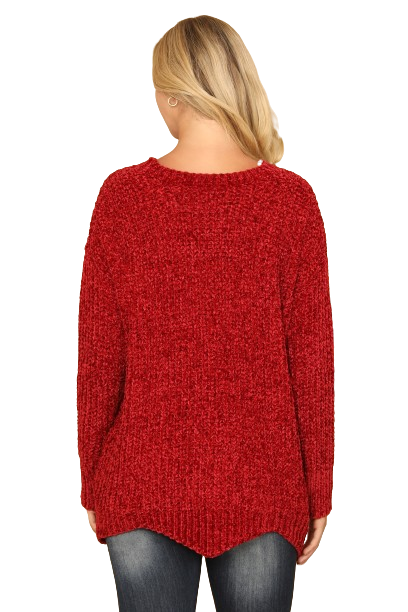 Burgundy Round Neck Curved Hem Knit Sweater - Pack of 6