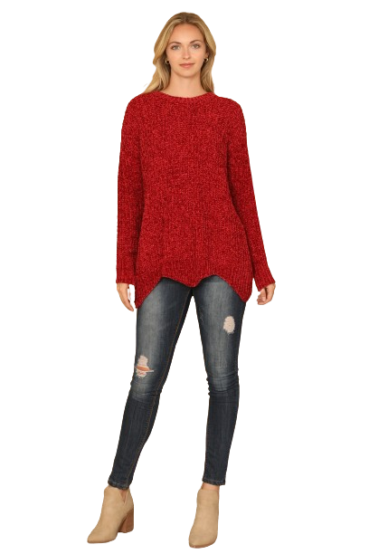 Burgundy Round Neck Curved Hem Knit Sweater - Pack of 6