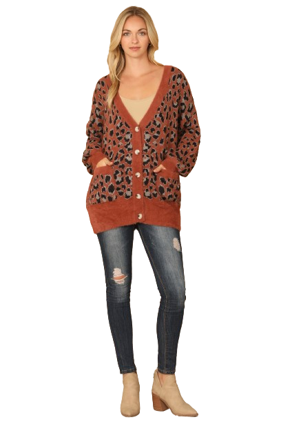 Brown Furry Leopard Button Down Cardigan - Pack of 6