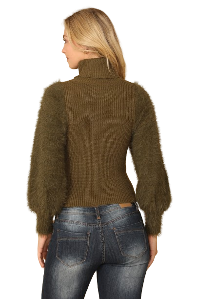 Olive Fur Sleeves Ribbed Turtle Neck Sweater - Pack of 6