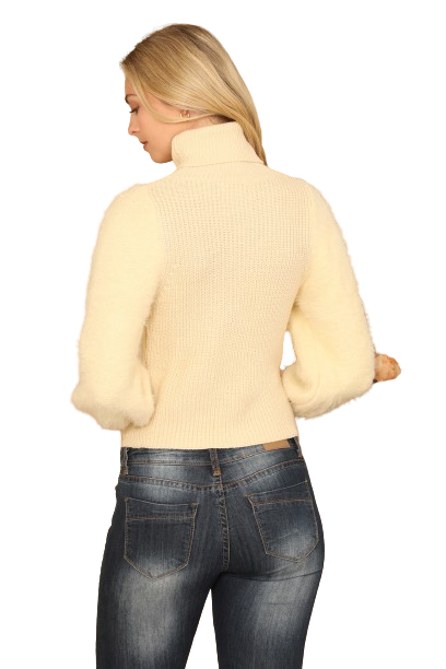 Cream Fur Sleeves Ribbed Turtle Neck Sweater - Pack of 6