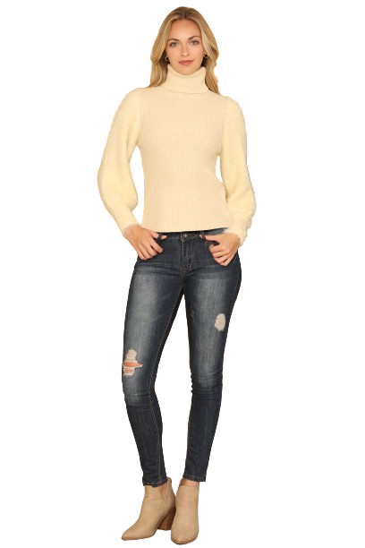 Cream Fur Sleeves Ribbed Turtle Neck Sweater - Pack of 6