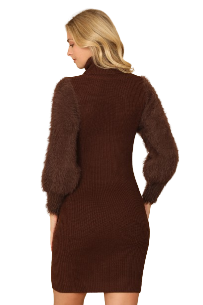 Chocolate Turtle Neck Faux Fur Long Sleeve Bodycon Dress - Pack of 6