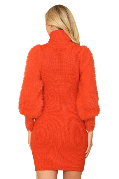 Rust Turtle Neck Faux Fur Long Sleeve Bodycon Dress - Pack of 6