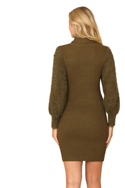 Olive Turtle Neck Faux Fur Long Sleeve Bodycon Dress - Pack of 6