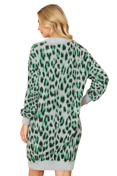 Grey Green Long Sleeve Leopard Knitted Dress - Pack of 6