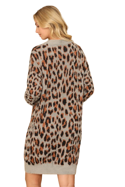 Grey Black Long Sleeve Leopard Knitted Dress - Pack of 6