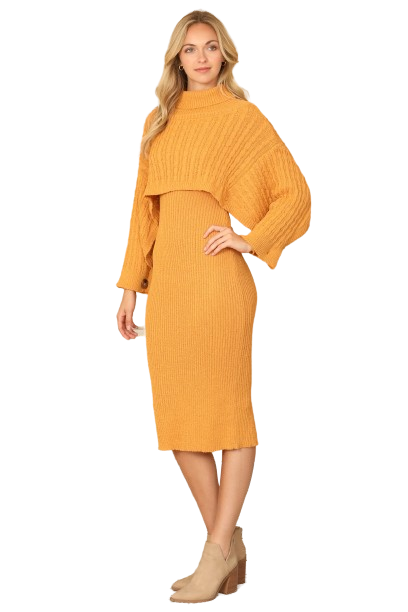 Mustard Ribbed Sleeve Shawl and Sweater Dress Set - Pack of 6